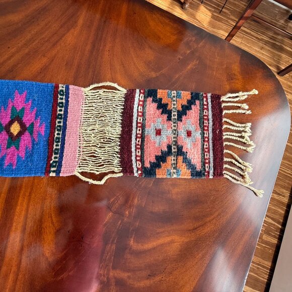 Zapotec 7 Panel Table Runner Mexican 79 "x 7"  Wool Hand Woven Folk Art Fringe - Picture 8 of 16